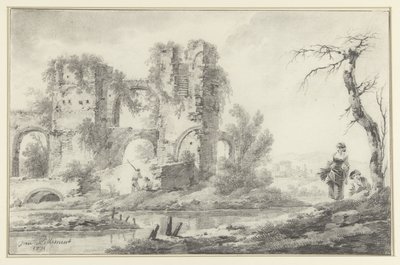 Ruinas junto a un río con un niño y una niña a la derecha de Jean Baptiste Pillement