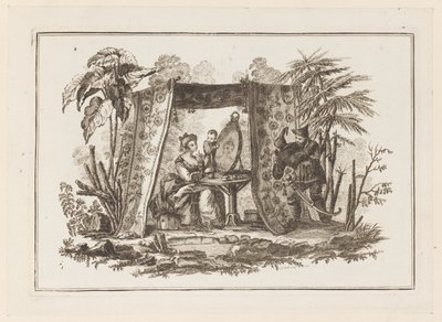 Mujeres mirando en el espejo, de "Nuevo cuaderno de seis hojas de diferentes temas chinos históricos" de Jean Baptiste Pillement
