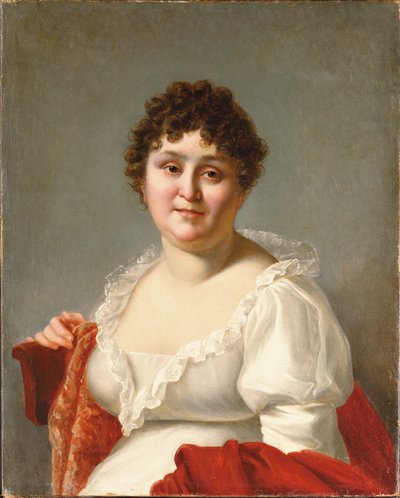 Retrato de Madame Regnault, busto, con vestido blanco y chal de caqui de Jean Baptiste Regnault