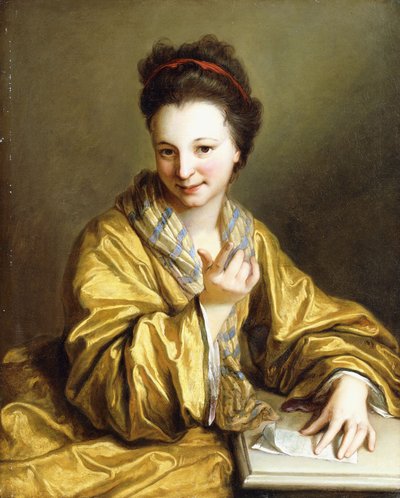 Una joven dama, vestida con una túnica amarilla, sentada en una mesa, llamando, 1703 de Jean Baptiste Santerre