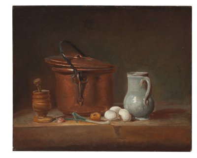 Una cacerola de cobre, un mortero y mano, una jarra, una cebolleta, huevos y una cebolla en un estante de Jean Baptiste Simeon Chardin