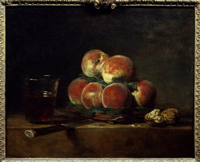Cesta de melocotones con nueces, cuchillo y copa de vino Pintura de Jean Baptiste Simeon Chardin (1699-1779) de Jean Baptiste Simeon Chardin