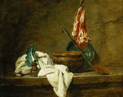 Remolachas, una caja de especias, un paño de cocina, una olla, un plato de loza vidriada, una espumadera, con carne en un gancho, en un estante, 1734 de Jean Baptiste Simeon Chardin