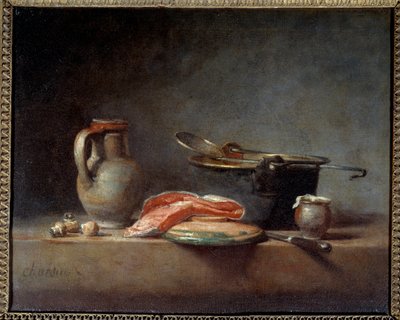 Olla de cobre, espumadera, jarra y rodaja de salmón. Naturaleza muerta de Jean Baptiste Simeon Chardin