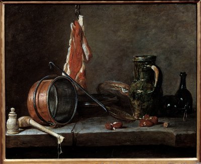 Menú de grasa y utensilios de cocina. Naturaleza muerta de Jean Baptiste Simeon Chardin