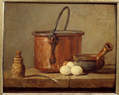 Utensilios de cocina, caldero, cazo y huevos de Jean Baptiste Simeon Chardin