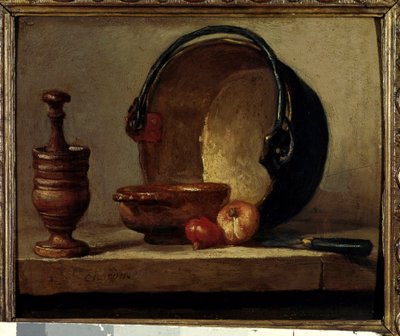 La naturaleza muerta con mortero y cebollas de Jean Baptiste Simeon Chardin