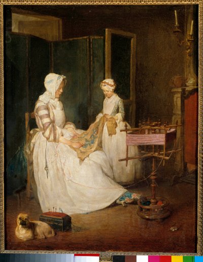 La madre trabajadora Una madre ayudada por su hija bordando y usando un bastidor de Jean Baptiste Simeon Chardin
