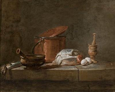 Puerros, una cazuela con un paño, una olla de cobre y tapa, una cebolla y huevos con un mortero, sobre una repisa de piedra de Jean Baptiste Simeon Chardin