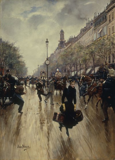 Las cuatro de la tarde en el Carrefour Drouot y el Gran Bulevar, c.1895 de Jean Beraud