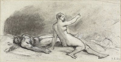 Mujer desnuda sentada con hombre desnudo dormido (recto); torso femenino visto desde atrás (verso) de Jean Beraud