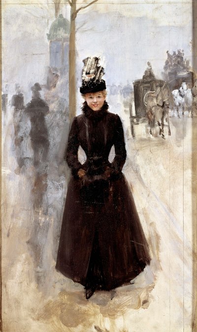 Parisina en el bulevar o mujer con manguito de Jean Beraud