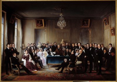 El poeta y dramaturgo Francois Guillaume Andrieux leyendo su tragedia Junius Brutus en el foyer de la Comédie Française el 26/05/1828. Entre los presentes Alexandre Dumas, Pierre Nicolas Michelot, Jean Francois Becquerel, Firmin, Victor Hugo, Eugene de Jean Beraud