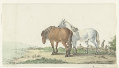 Un caballo marrón y blanco en un camino junto a una valla de Jean Bernard