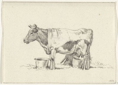 Vaca de pie, con cubo de leche y taburete de leche de Jean Bernard