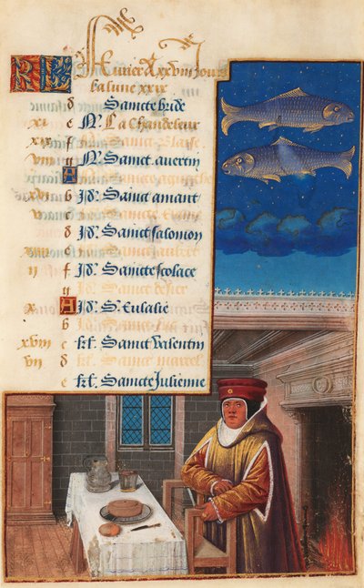 Horas de Luis XII (anteriormente Horas de Enrique VII), hoja del calendario para el mes de febrero, c.1490-1510 de Jean Bourdichon