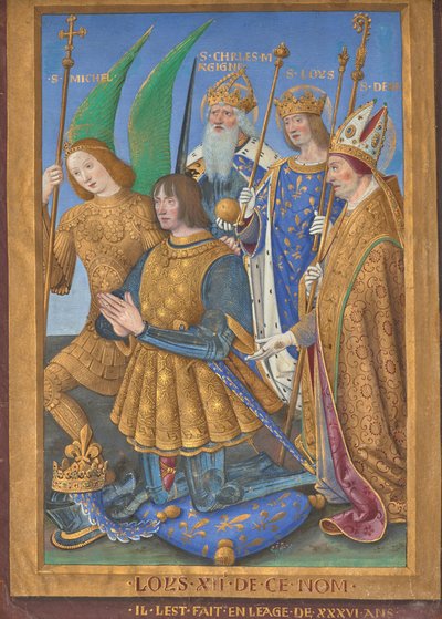 Luis XII de Francia arrodillado en oración, acompañado por los santos Miguel, Carlomagno, Luis y Dionisio de Jean Bourdichon