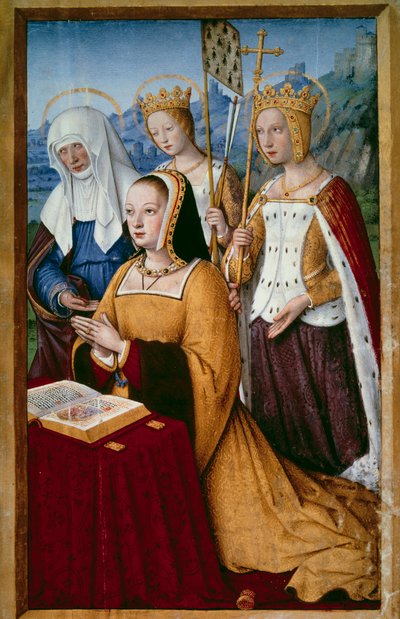 Retrato de Ana de Bretaña (1477-1514), Reina de Francia, en oración con su santa patrona Santa Ana, Santa Elena y Santa Úrsula. Miniatura tomada de “Las Grandes Horas de Ana de Bretaña” por Jean Bourdichon (1457-1521) 1503-1508. París, B.N. de Jean Bourdichon