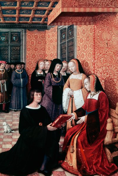 El poeta Jean Marot (1450-1526) entregando su obra Viaje a Génova a Ana de Bretaña (1477-1514), ca 1508, miniatura de Jean Bourdichon (1457-1521). Francia de Jean Bourdichon