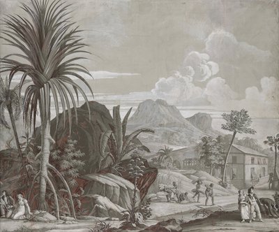 Saliendo a caminar, panel de papel tapiz de la serie "Paul et Virginie", por Dufour & Cie, c.1823 de Jean Broc