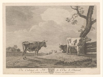 Tres vacas en un prado Obras de la colección de Étienne François de Choiseul (título de la serie) Du gabinete de mr. le Duc de Choiseul (título de la serie sobre el objeto) de Jean Charles Baquoy