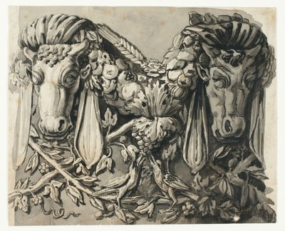 Ornamento con dos cabezas de toro (anverso); esbozo de bordes geométricos (reverso) de Jean Charles Delafosse