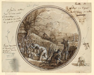 Diseño para un plato de porcelana pintado, cortando y trabajando en el viñedo de Jean Charles Develly