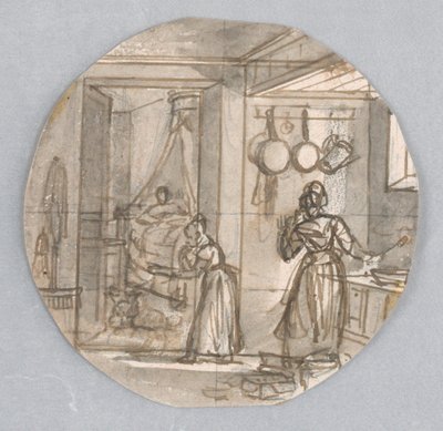Diseño para un plato de porcelana pintado, escena de cocina con dormitorio trasero, posiblemente para el Service des Objets de Dessert (Servicio de Postres) de Jean Charles Develly