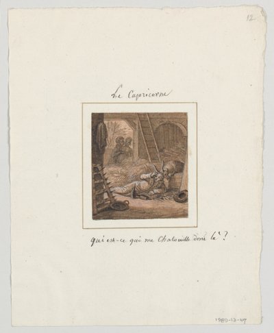Diseño para un plato de porcelana pintado, Le Capricorne (Capricornio) del servicio le Zodiac Travesti (El zodiaco farsante) de Jean Charles Develly