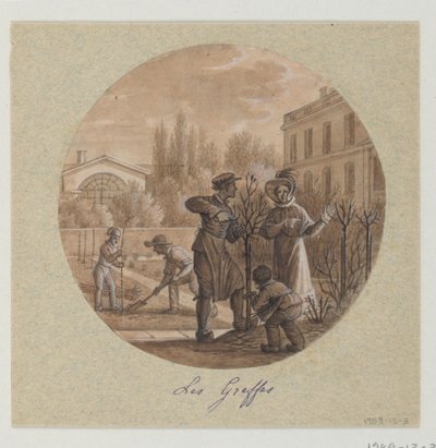 Diseño para un Plato de Porcelana Pintado, Les Greffes (Injertos) del Servicio de Cultivo de Flores de Jean Charles Develly