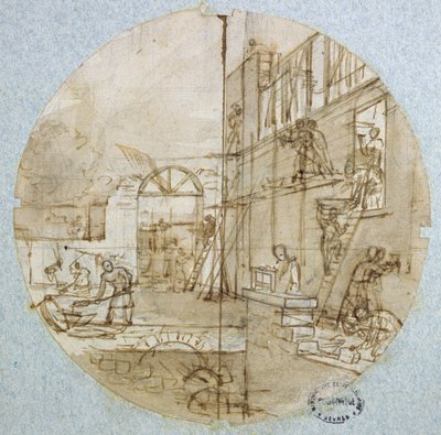 El taller del albañil, diseño de plato para un servicio que representa diferentes oficios, c.1820-35 de Jean Charles Develly