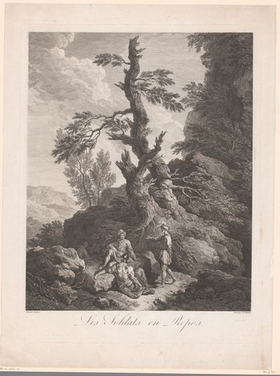 Soldados descansando frente a un árbol en un paisaje rocoso
Les soldats en repos (título en el objeto) de Jean Charles Levasseur