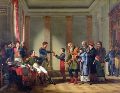 Napoleón Bonaparte (1769-1821) dando una pensión de cien napoleones al polaco Nerecki, de 117 años, enero de 1807, 1812 de Jean Charles Tardieu