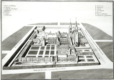 Vista de la Abadía de Saint-Germain-des-Prés antes de 1640, grabado por Antoine Herisset (1685-1769) de Jean Chaufourier