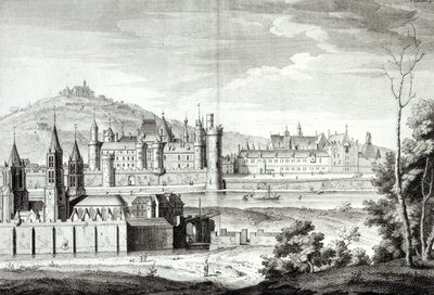 Vista de la Abadía de Saint-Germain-des-Prés, el Louvre, Petit Bourbon, Montmartre y el Sena en 1410, grabado por Antoine Herisset (1685-1769) de Jean Chaufourier