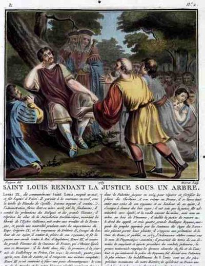 San Luis (1215-70) Administra Justicia Bajo un Árbol, grabado por Jean Baptiste Morret (fl. 1790-1820) 1789 (grabado en color) de Jean Claude (after) Naigeon