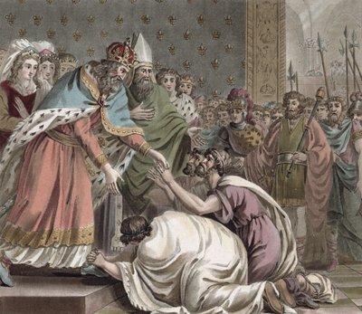 Carlomagno (742-814) recibe a los embajadores del emperador de Oriente, grabado por Jean Baptiste Morret de Jean Claude Naigeon