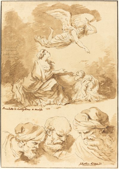 Agar consolada por un ángel (de una pintura de Castiglione) y tres cabezas de ancianos (de una pintura de Ricci de Jesús y la adúltera) de Jean Claude Richard de Saint Non after Jean Honoré Fragonard