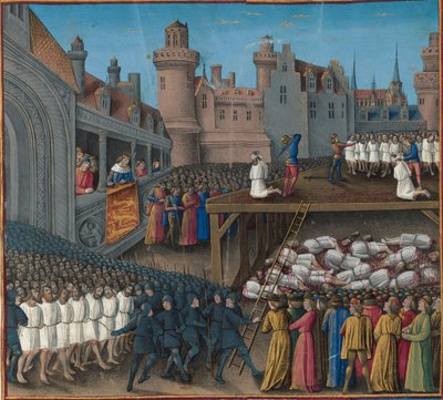 Masacre de los prisioneros sarracenos, ordenada por el Rey Ricardo Corazón de León, 1191, 1474-1475 de Jean Colombe