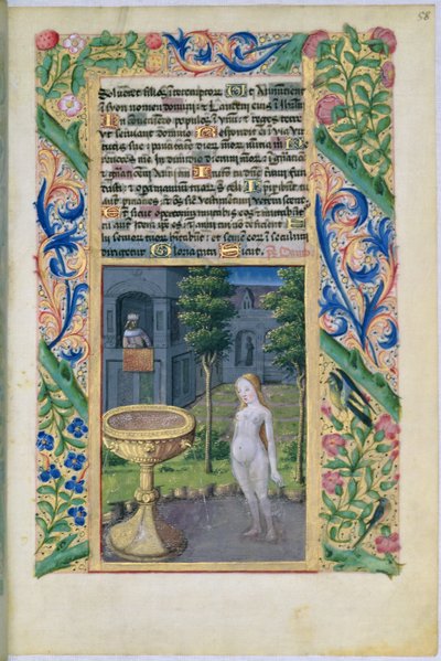 David espiando a Betsabé mientras se baña, del Libro de Horas de Luis de Orleans, 1469 de Jean Colombe