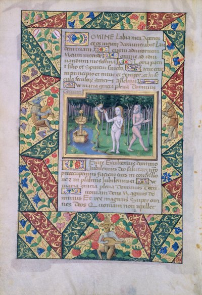La tentación en el Jardín del Edén, del Libro de Horas de Luis de Orleans, 1490 de Jean Colombe