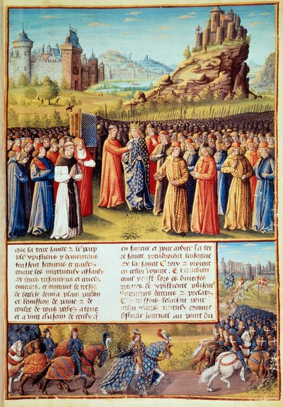Segunda Cruzada: El rey Luis VII toma la cruz en Vézelay en presencia de San Bernardo de Claraval y el obispo de Versalles el 31/03/1146. Muchos barones también tomaron la cruz de Jean Colombe
