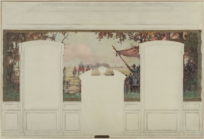 Boceto para el ayuntamiento de Fresnes: Paisaje con tribunas y jinetes de Jean Constant Pape