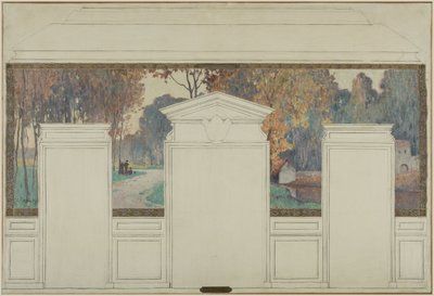 Boceto para el ayuntamiento de Fresnes: Paisaje con paseantes en otoño de Jean Constant Pape