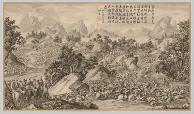 Batalla en Heshi Kuluke: de Escenas de Batalla de la Represión de Rebeliones..., c. 1765-1774 de Jean Damascene Sallusti