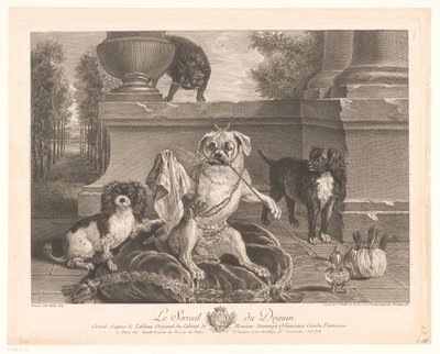 Tres perros, uno disfrazado en un patio. Le Serrail du Doguin (título sobre objeto) de Jean Daullé