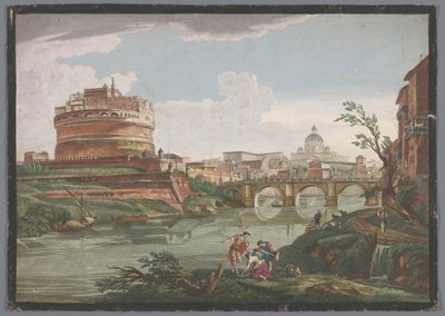 Vista del Castillo de los Ángeles y del Puente de los Ángeles sobre el río Tíber en Roma
Roma moderna (título en el objeto) de Jean Daullé