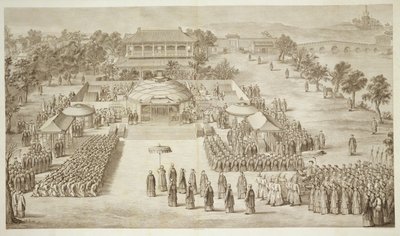 El Emperador Qianlong recibe el homenaje de los Eleuths conquistados (Tártaros Kalmucks) lámina 2 de una serie de grabados que representan las conquistas del Emperador de China, grabado por Jacques Philippe Le de Jean Denis Attiret