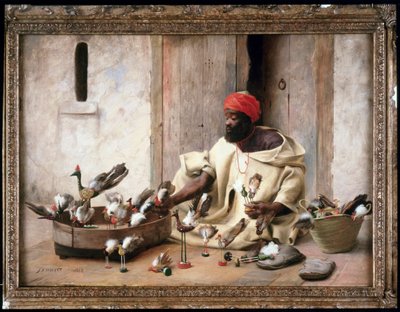 Un comerciante de pájaros en la calle de Tánger en Marruecos (pintura) de Jean Discart