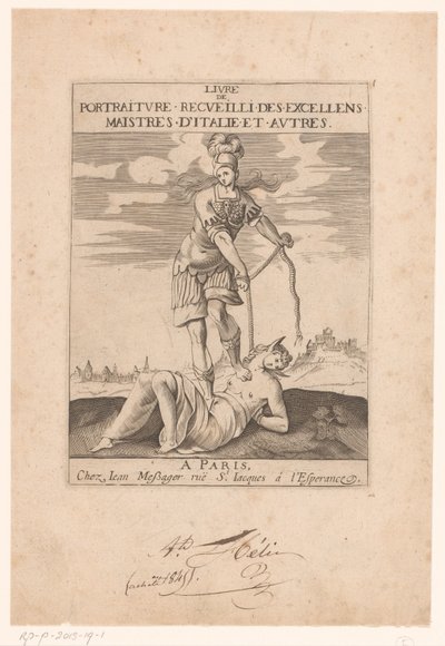 Minerva ata a la Estupidez con una cuerda Página de título para: s.n., Livre de portraiture receuilli des excellens maistres d
